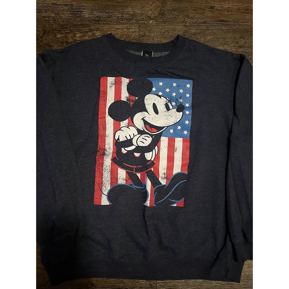 Mickey Mouse American Flag Crewneck Sweatshirt, Blue Long Sleeve Adult SZ Large